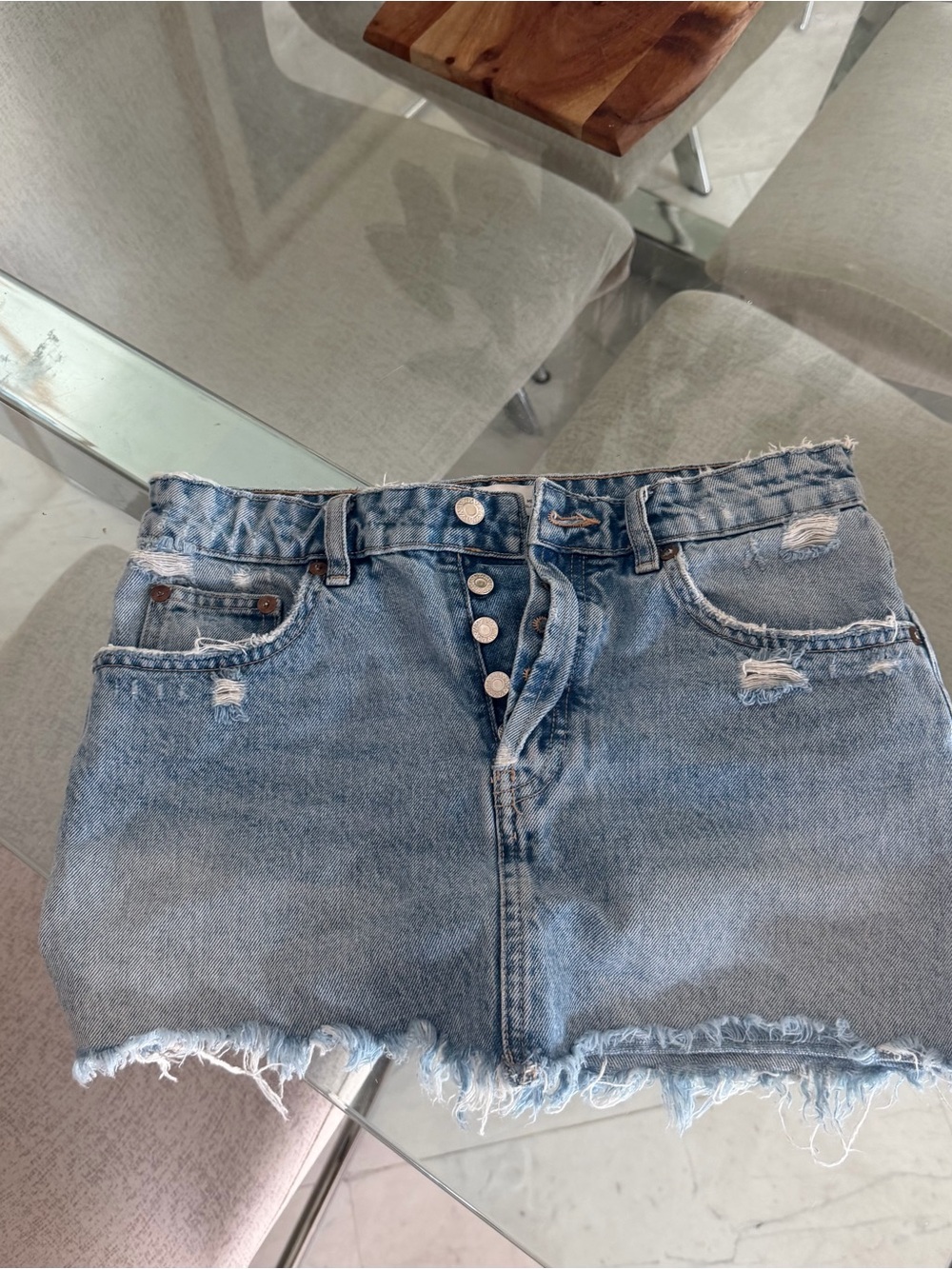 Zara Light Blue Distressed Denim Mini Skirt